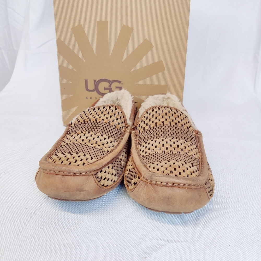 UGG Ascot Men's Size 8 Brown Woven Leather Slippers - Picture 4 of 16